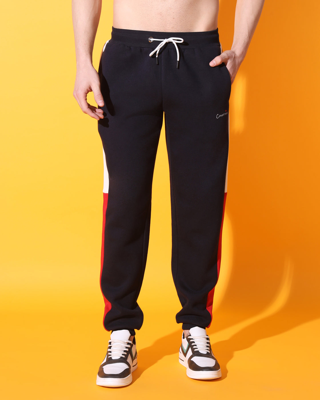 Dynamic Navy Track Suit: Bold Red and White Panel Design for Unisex Style