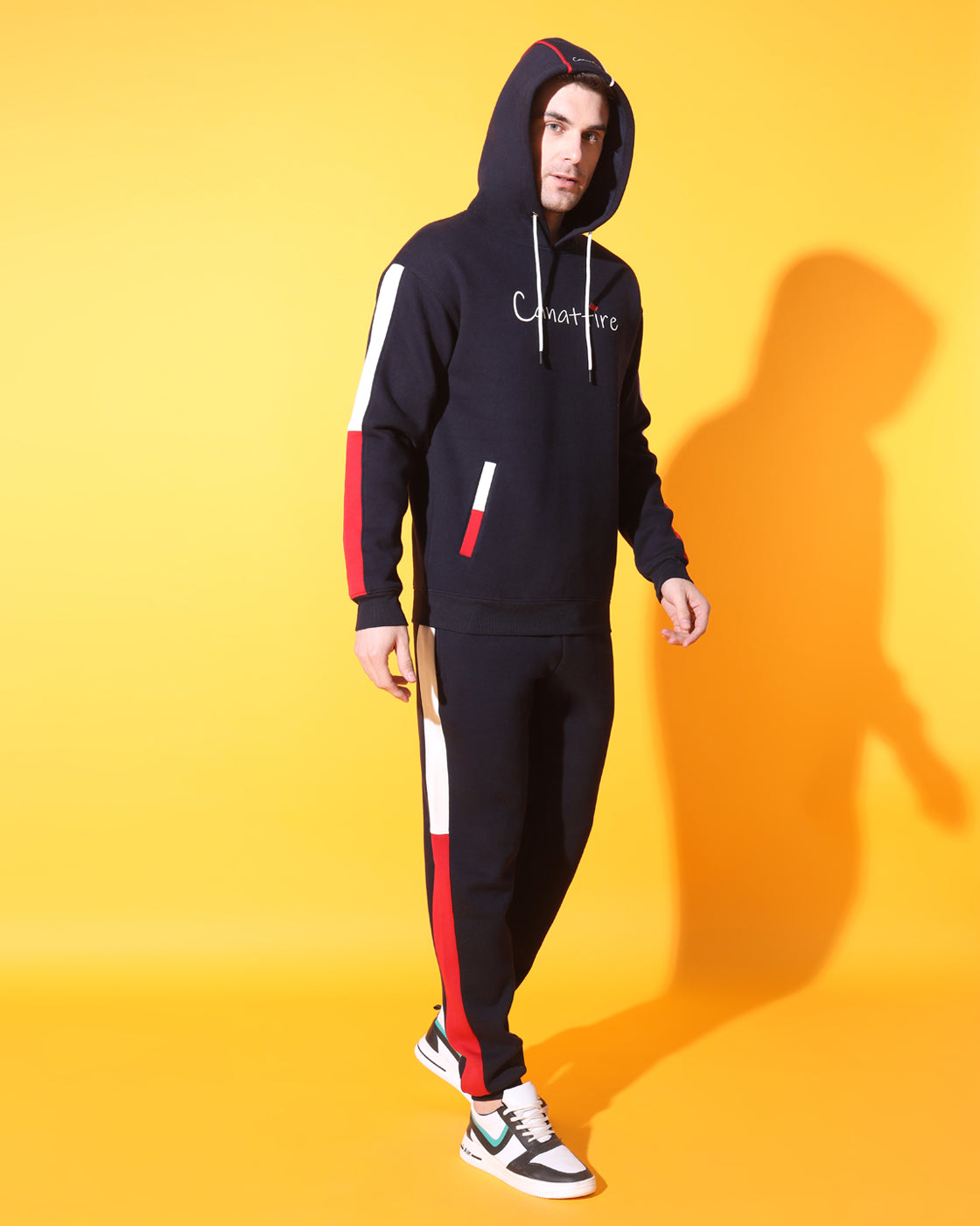 Dynamic Navy Track Suit: Bold Red and White Panel Design for Unisex Style