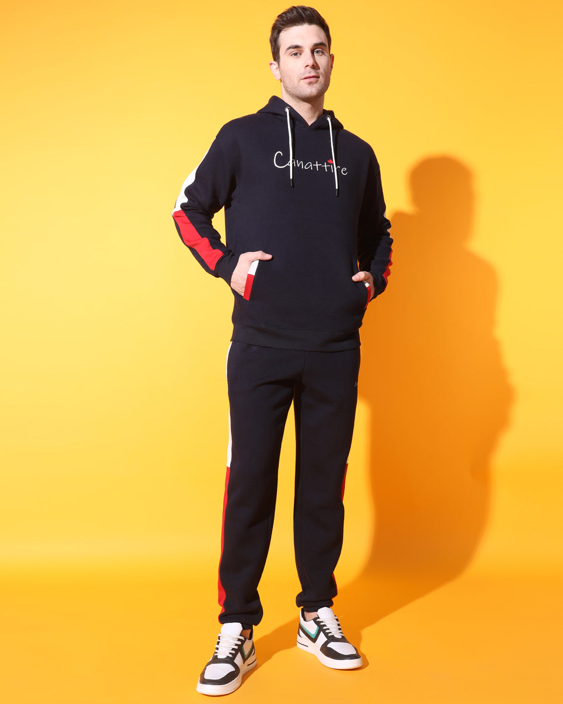 Dynamic Navy Track Suit: Bold Red and White Panel Design for Unisex Style