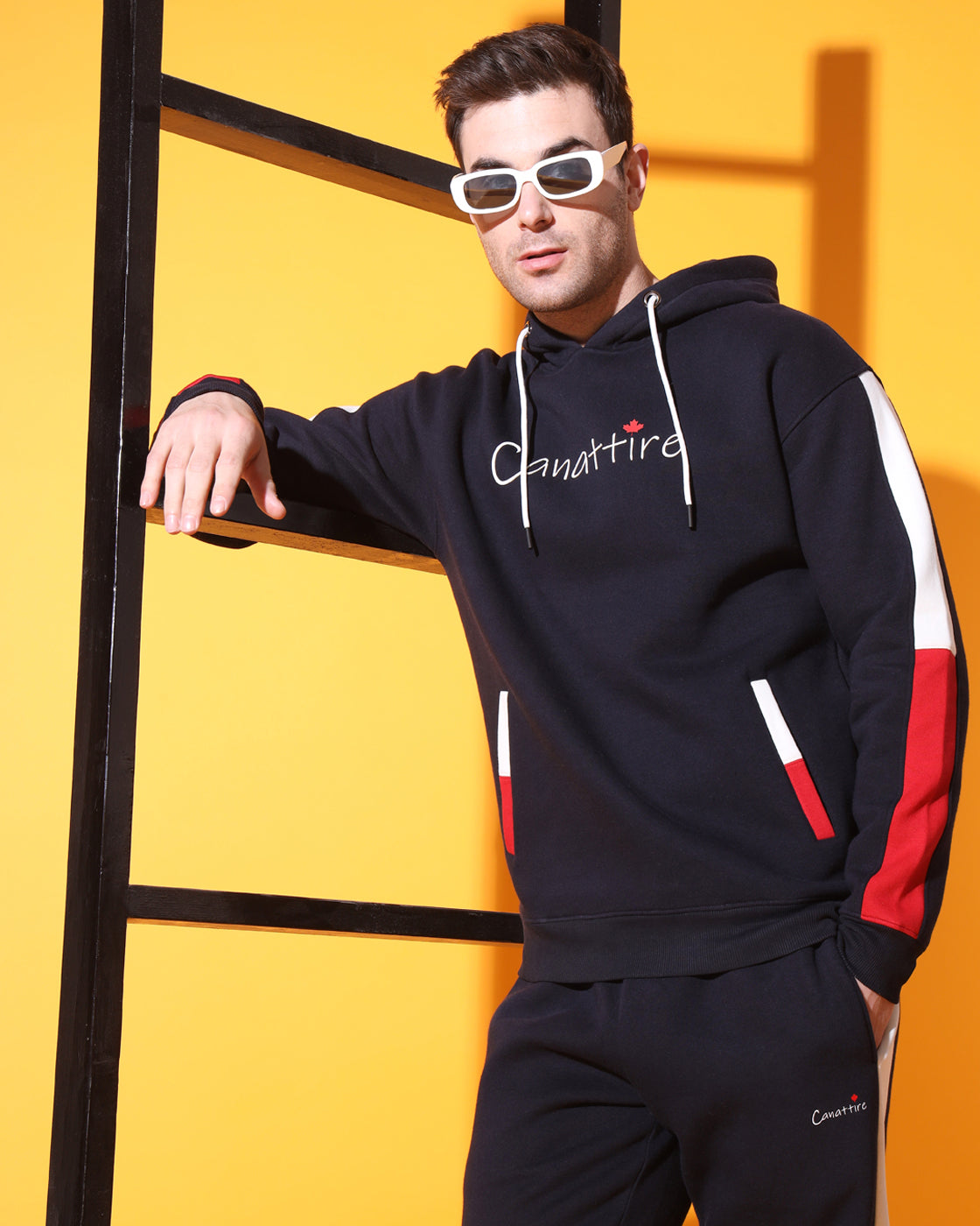 Dynamic Navy Track Suit: Bold Red and White Panel Design for Unisex Style