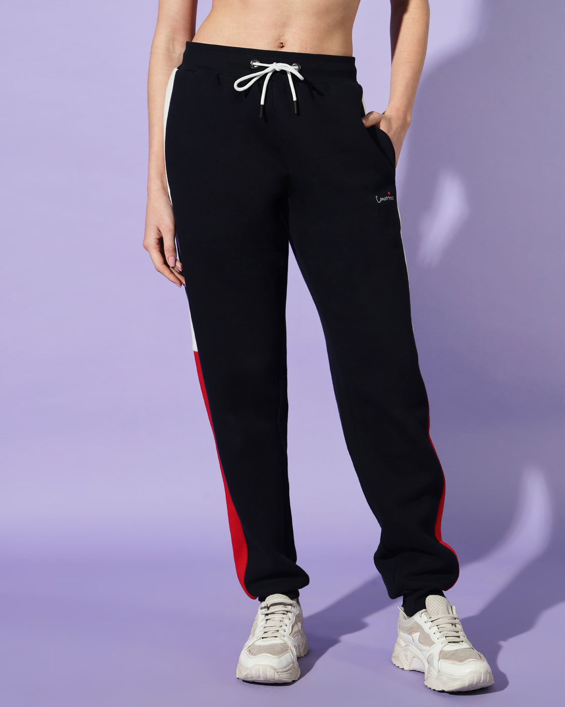 Dynamic Navy Track Suit: Bold Red and White Panel Design for Unisex Style