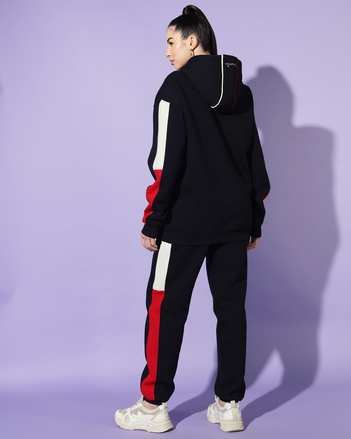 Dynamic Navy Track Suit: Bold Red and White Panel Design for Unisex Style