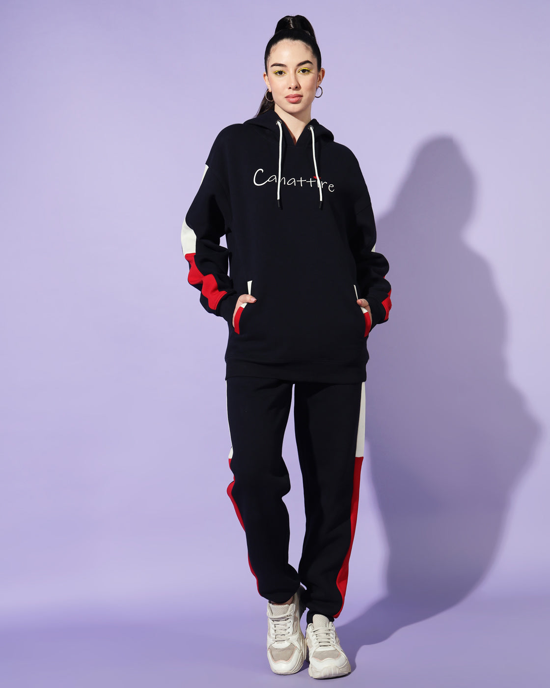 Dynamic Navy Track Suit: Bold Red and White Panel Design for Unisex Style